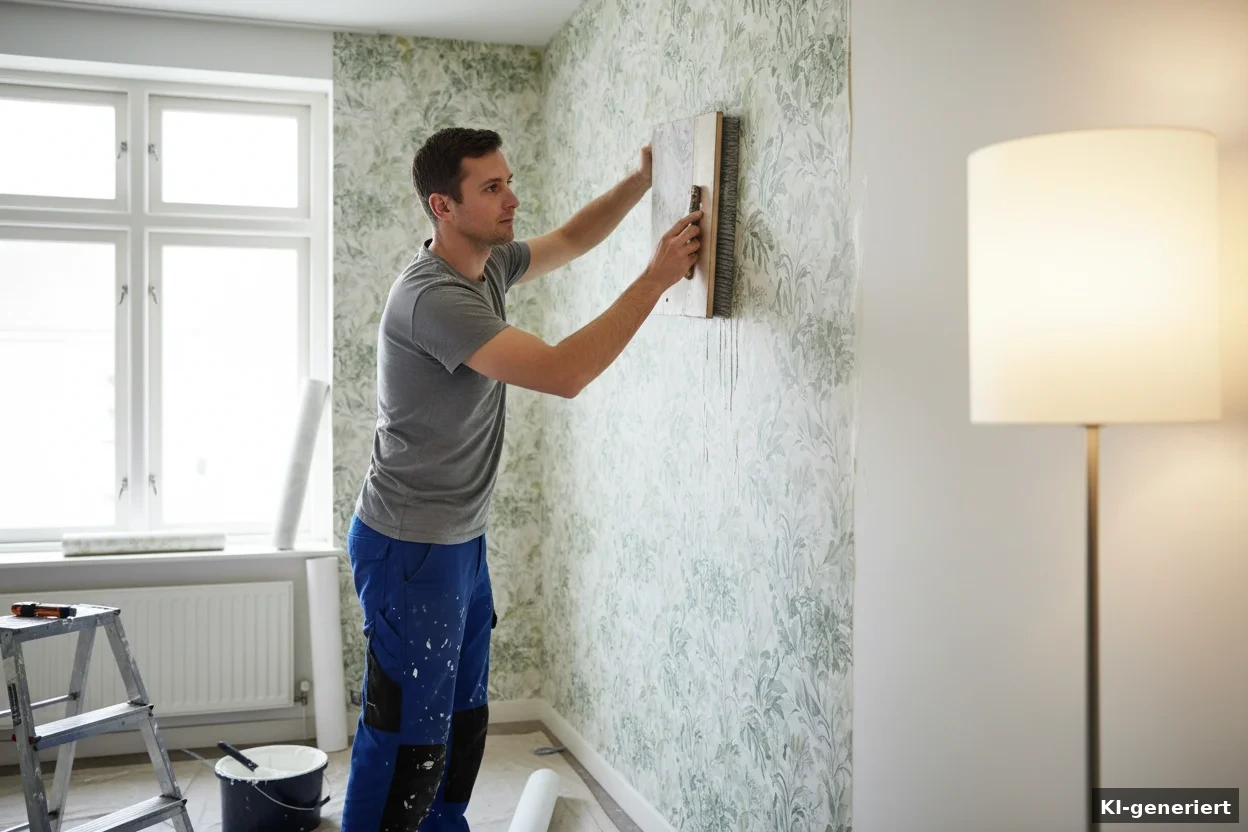 Tapete mit Bürste an die Wand andrücken